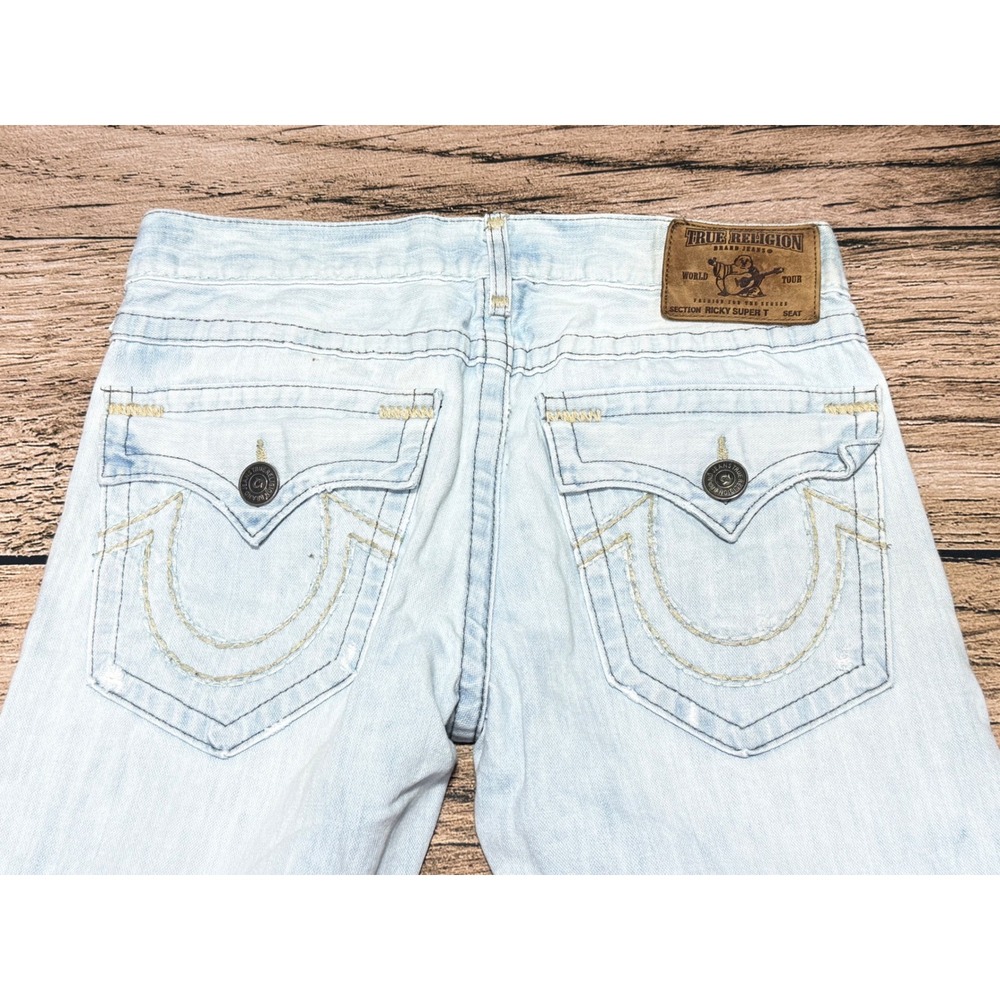 True Religion Ricky Super T Jeans Mens 36 Light Wash Distressed Straight Leg USA